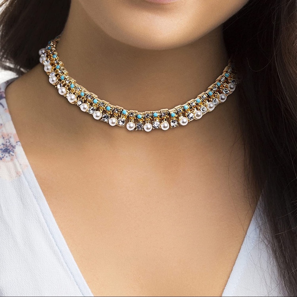 NWT Badgley Mushka  Pearl Turquoise Necklace Set Rhinestone Wedding